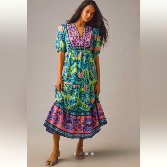 Rare!!! Anthropologie NWT Farm Rio Short-Sleeve Tiered A-Line Midi Dress size S. - Picture 2 of 13